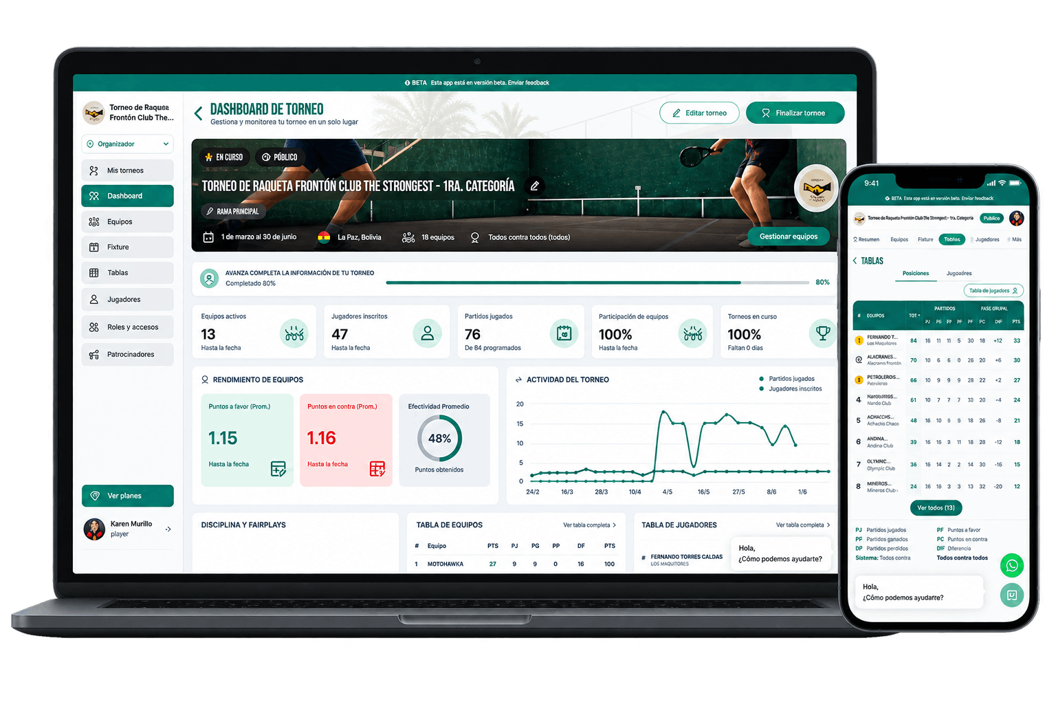 Plataforma de Teamateur para organizar torneos en escritorio y celular